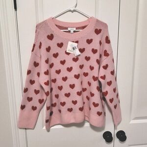 CeCe Women's Crewneck SuperSoft Sweater Pink w/Red Hearts, Size 1X, New w/Tags